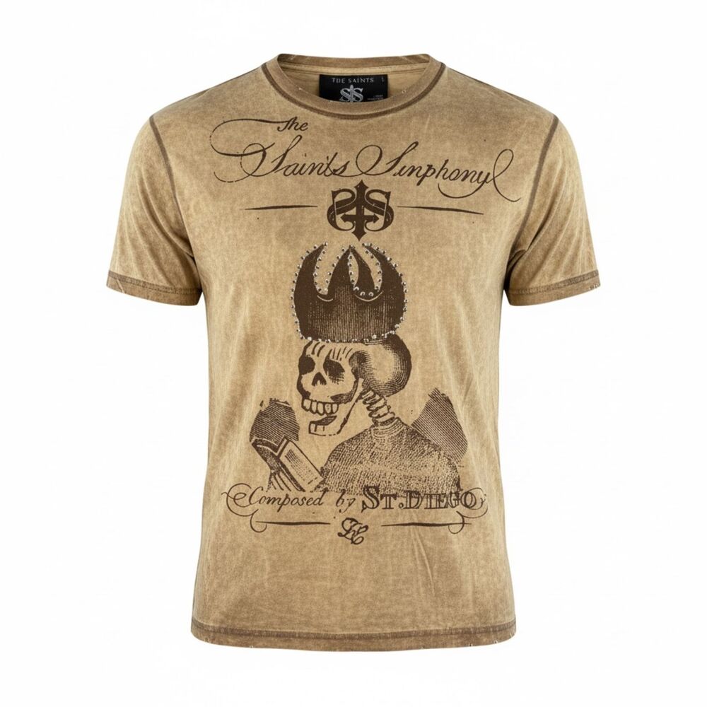 The Saints Sinphony Tan Graphic T-Shirt Rhinestone Detailing Sz L Y2K 90s Grunge
